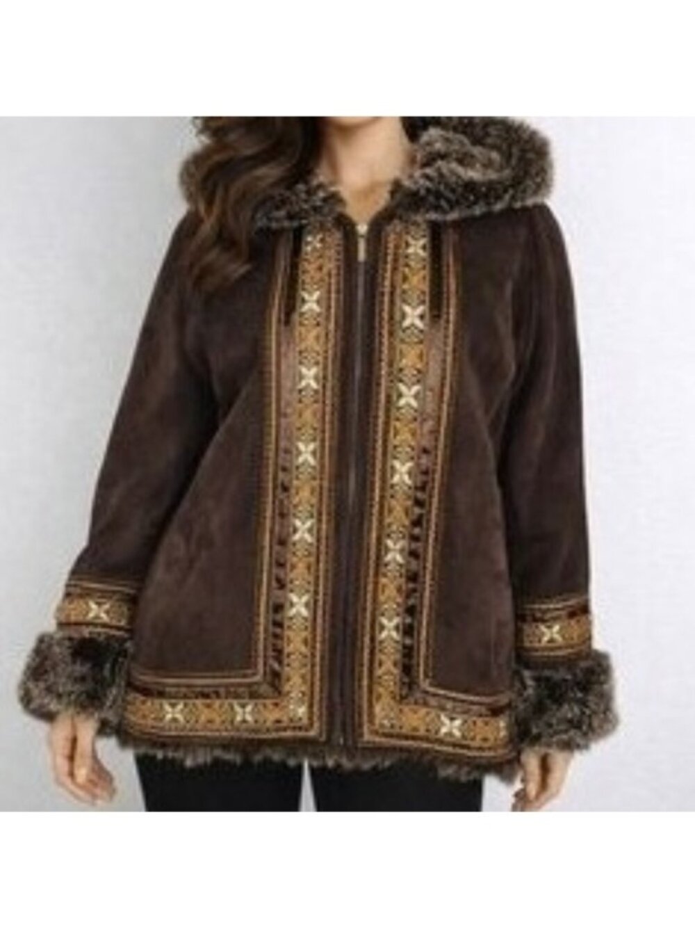 Coldwater Creek Brown Embroidered Boho Faux Suede Fur Lined Jacket Small